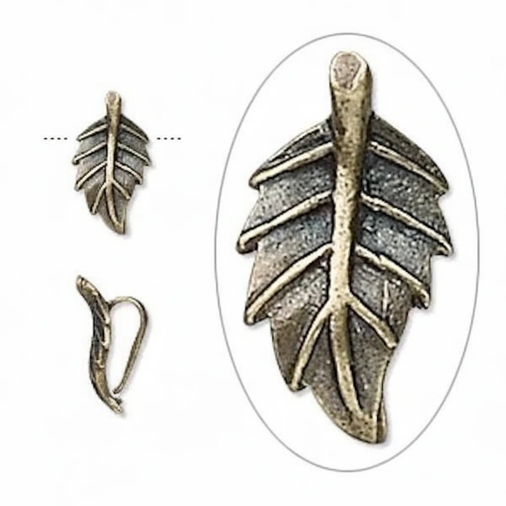 Antique bronze leaf-shaped jewelry findings shown on a white background, including a larger oval close-up of a leaf clasp and two smaller views of the same metal piece.