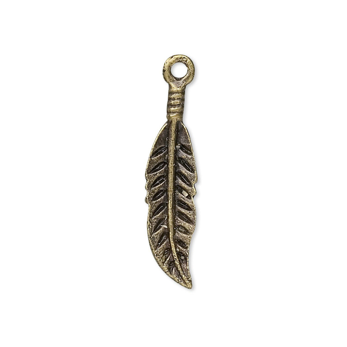 An antique bronze feather-shaped jewelry charm with a textured leaf design and a hanging loop at the top, shown on a plain white background.