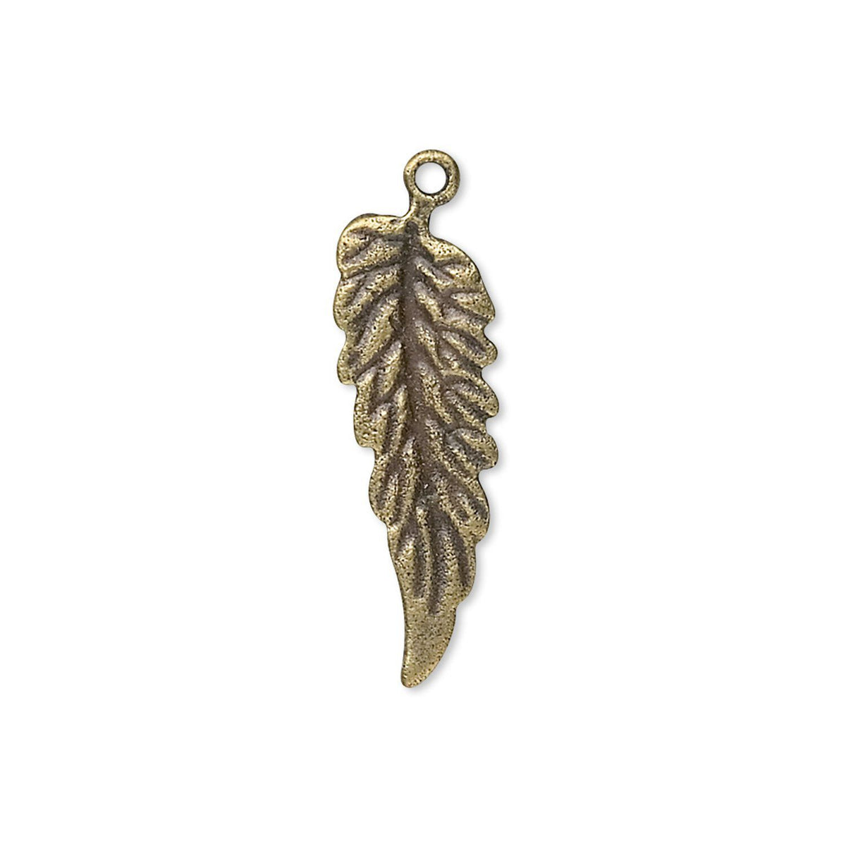 An antique bronze metal leaf-shaped charm with a textured surface and a small top loop, shown on a plain white background.