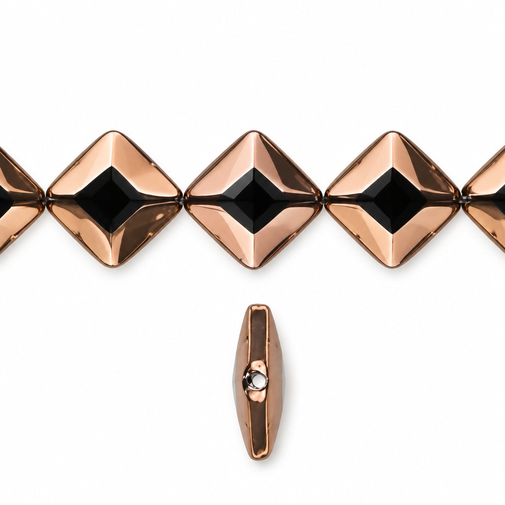 gold metallic beads with a diamond-shaped top and a central black diamond cutout, shown in a strand and a single bead view on a white background.