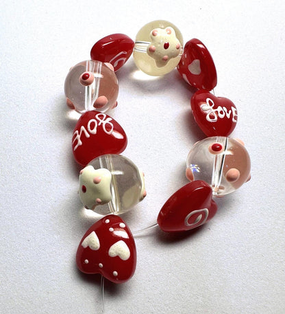 Hand Painted Glass Valentine Love Round & Heart Beads 14mm — 10 pcs