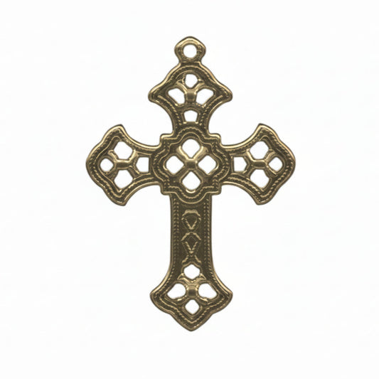 An ornate antique bronze cross pendant with intricate cutout patterns and a hanging loop at the top, shown against a plain white background.