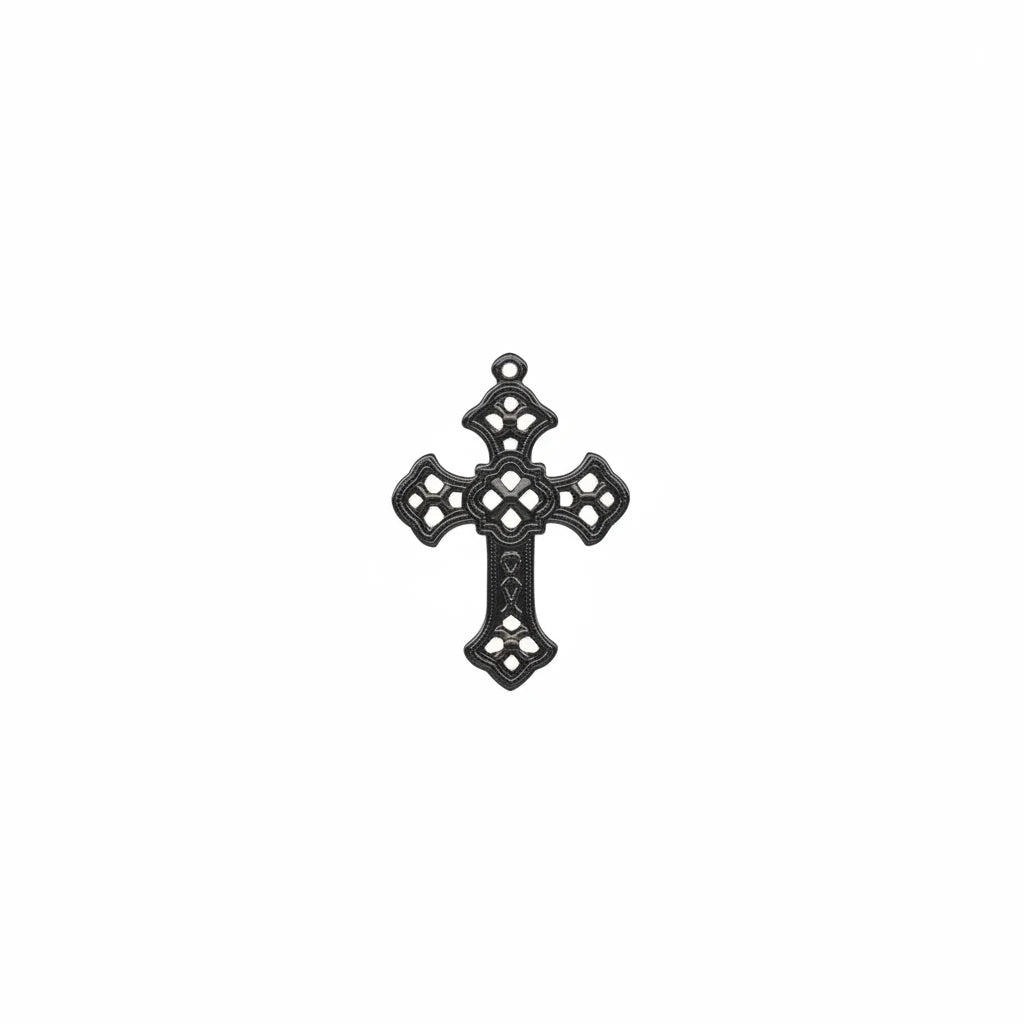A black cast iron wall cross ornament with intricate cutout patterns and a hanging loop at the top, shown against a plain white background.
