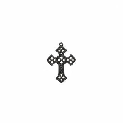 A black cast iron wall cross ornament with intricate cutout patterns and a hanging loop at the top, shown against a plain white background.
