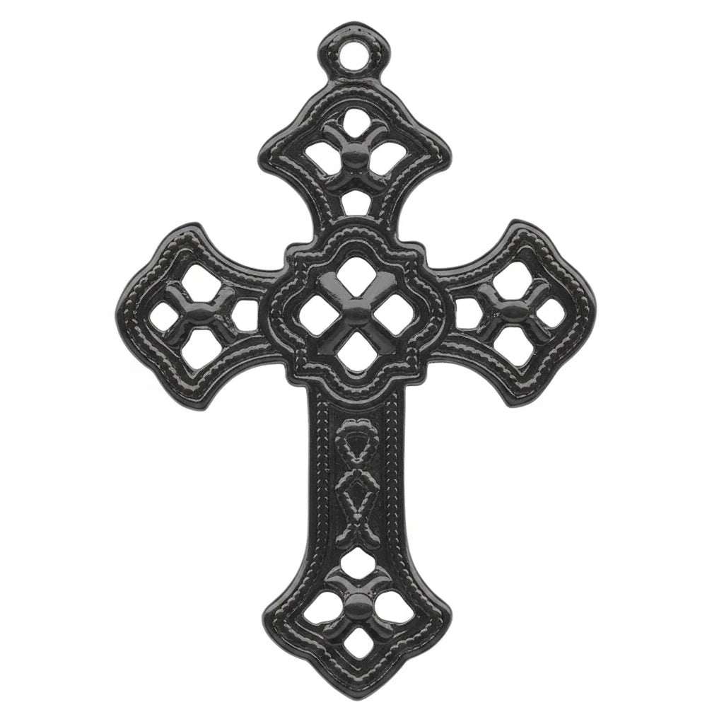 A black metal Orthodox cross pendant with intricate cutout patterns and a hanging loop at the top, shown against a plain white background.