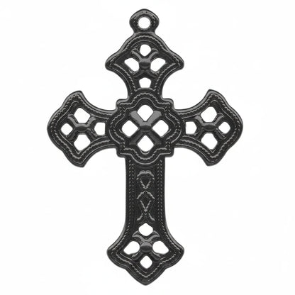 A black metal Orthodox cross pendant with intricate cutout patterns and a hanging loop at the top, shown against a plain white background.
