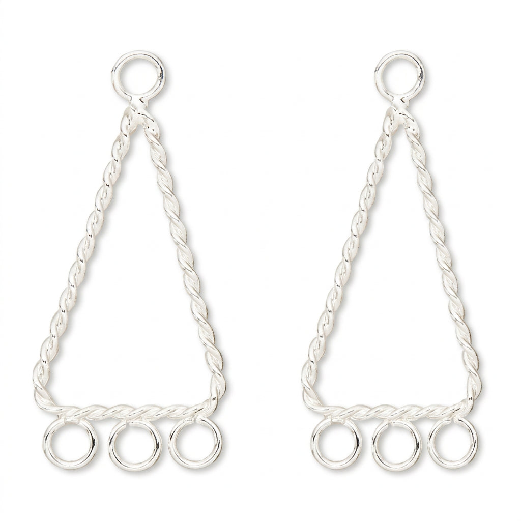 A pair of silver dangling triangle charms with twisted rope-style sides, a top loop, and three circular ring links at the bottom, shown on a plain white background.