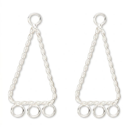 A pair of silver dangling triangle charms with twisted rope-style sides, a top loop, and three circular ring links at the bottom, shown on a plain white background.