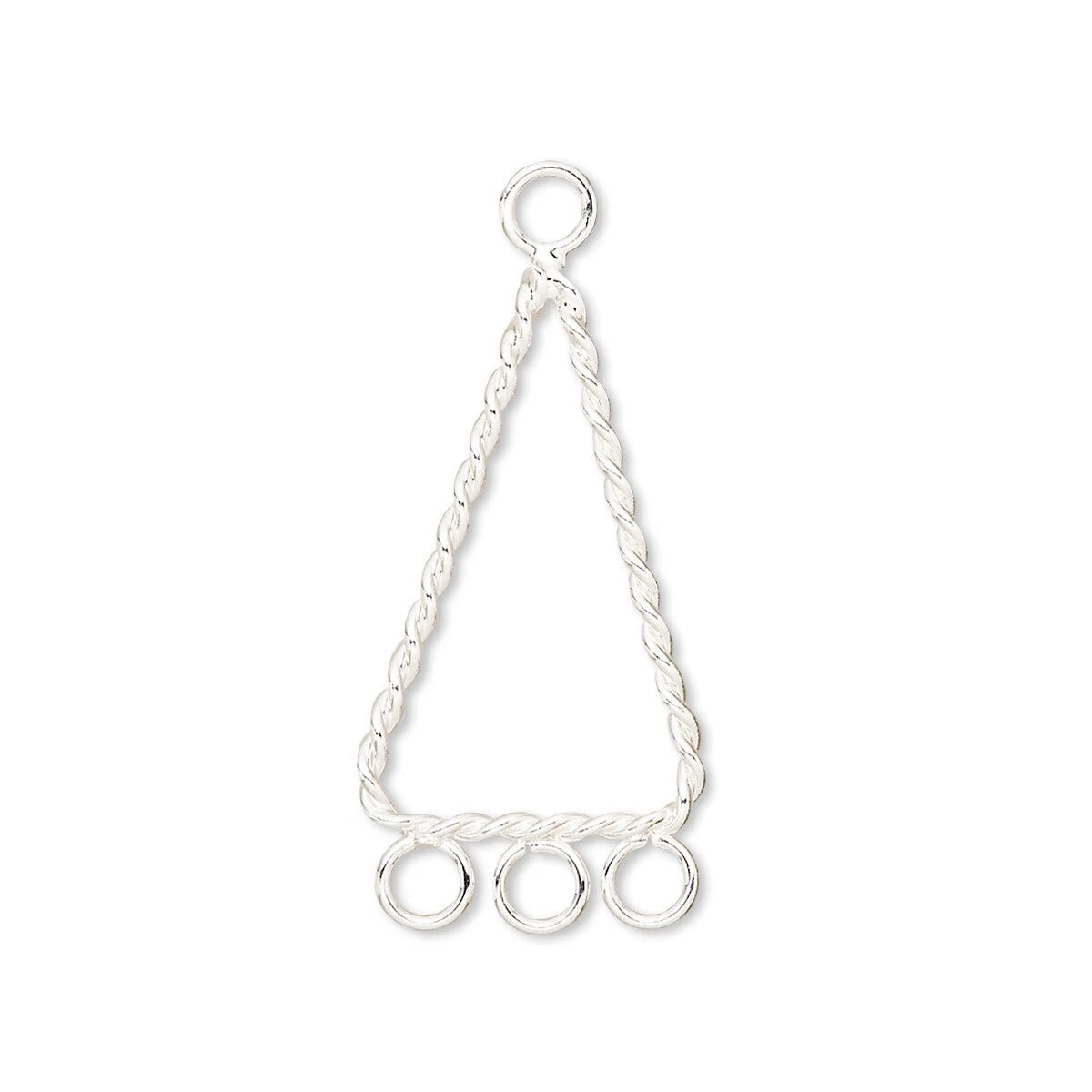 A silver jewelry charm featuring a twisted rope design that forms a triangle, with three small circular rings at the bottom and a larger ring loop at the top, shown on a plain white background.
