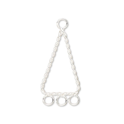 A silver jewelry charm featuring a twisted rope design that forms a triangle, with three small circular rings at the bottom and a larger ring loop at the top, shown on a plain white background.