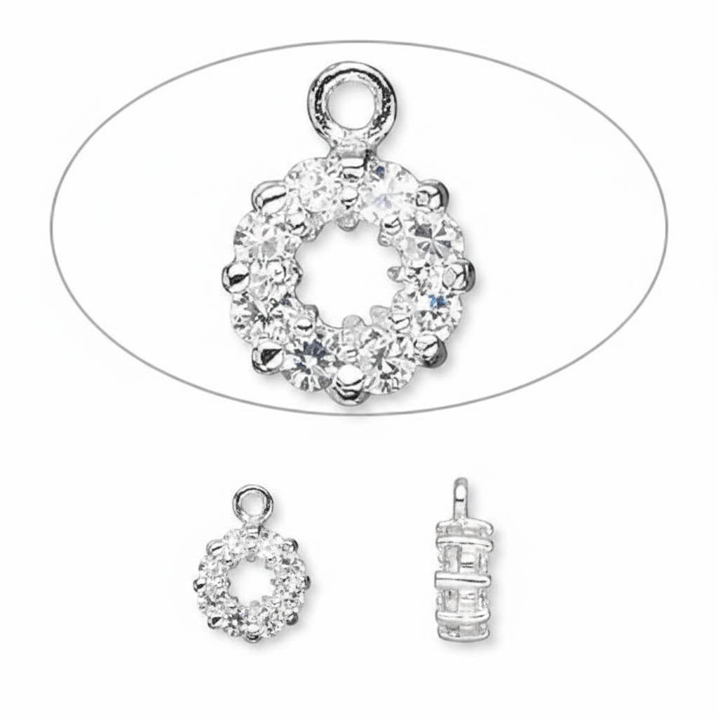 Silver crystal wreath charm pendant shown from multiple angles on a white background, with a large top view inside an oval outline and two smaller views below.