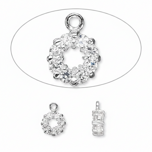 Silver crystal wreath charm pendant shown from multiple angles on a white background, with a large top view inside an oval outline and two smaller views below.