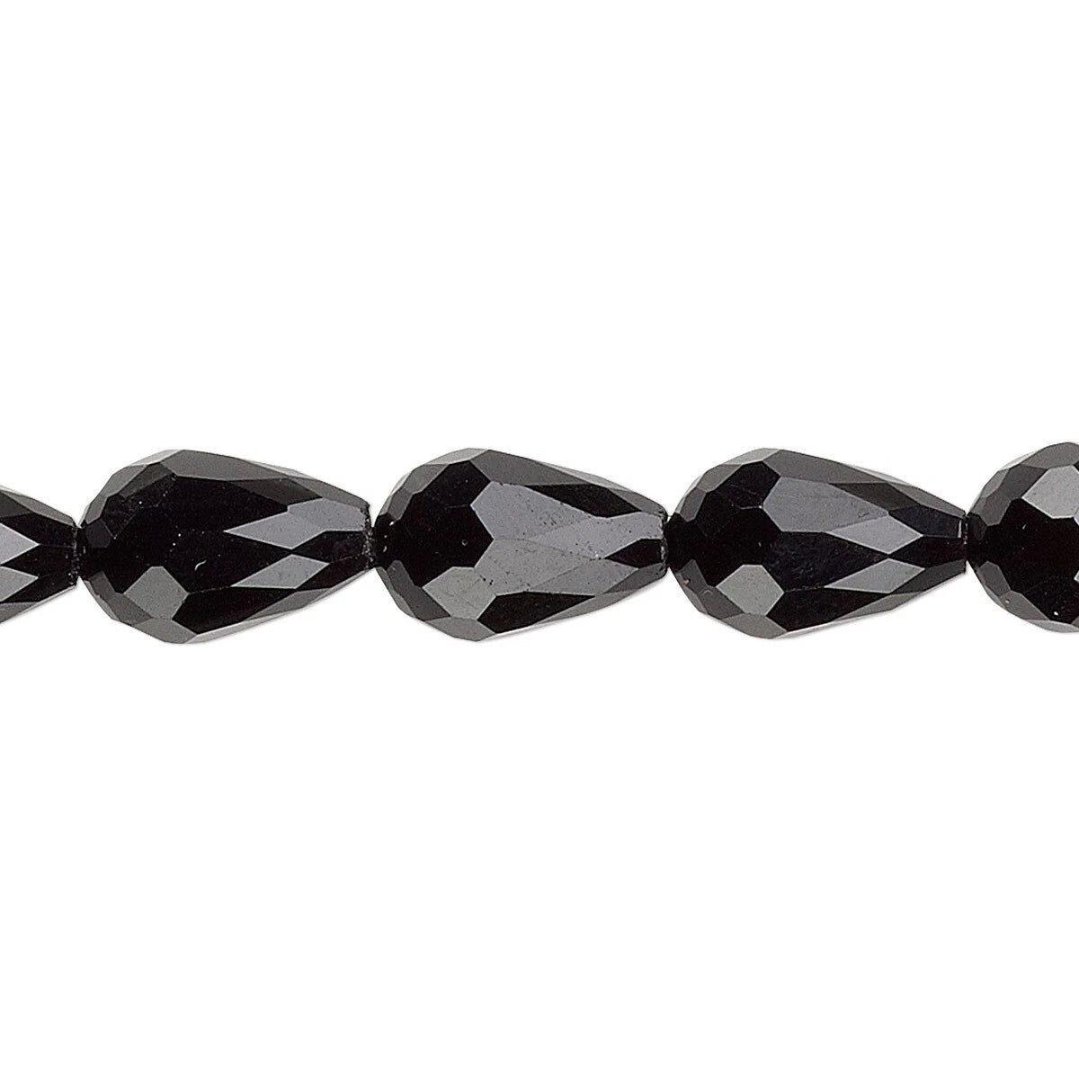 Faceted black teardrop beads on a plain white background.