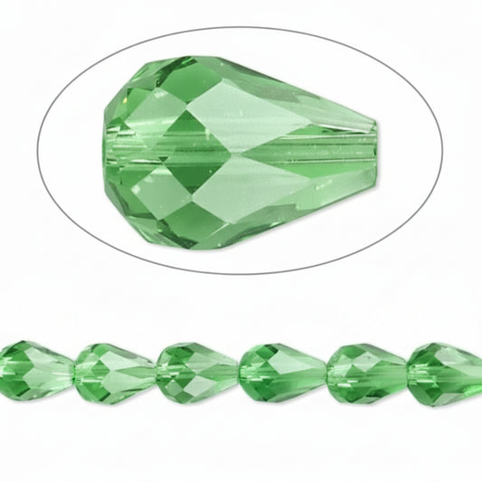 Green faceted crystal beads shown with a close-up oval inset of a single bead and a strand of matching beads on a white background.