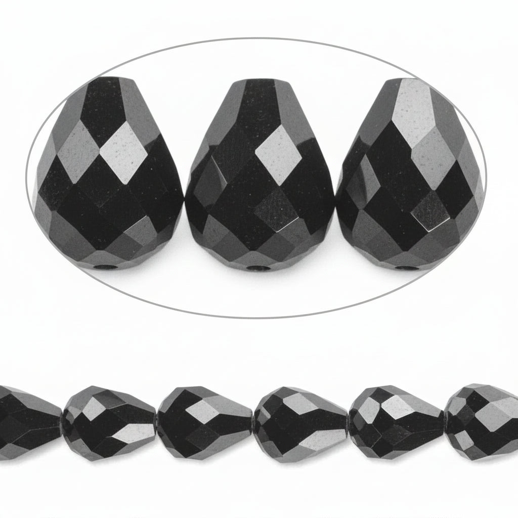 Faceted black glass beads shown in a close-up oval and along a strand on a white background.
