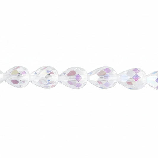 A close-up of faceted teardrop-shaped beads on a strand, showing a clear iridescent finish with subtle pink, purple, and blue reflections against a white background.