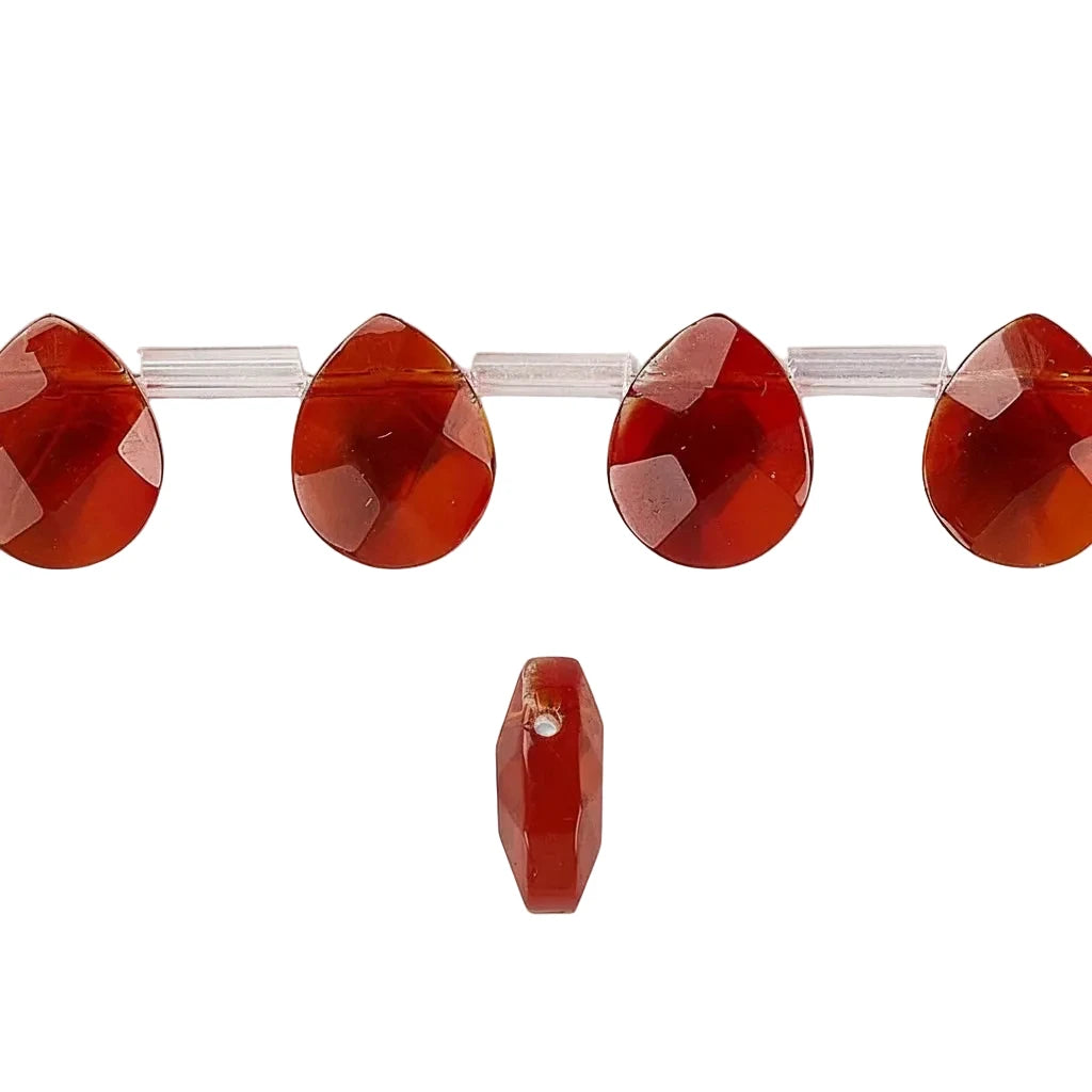 Faceted red agate beads shown on a clear string, with one bead displayed separately below on a plain white background.