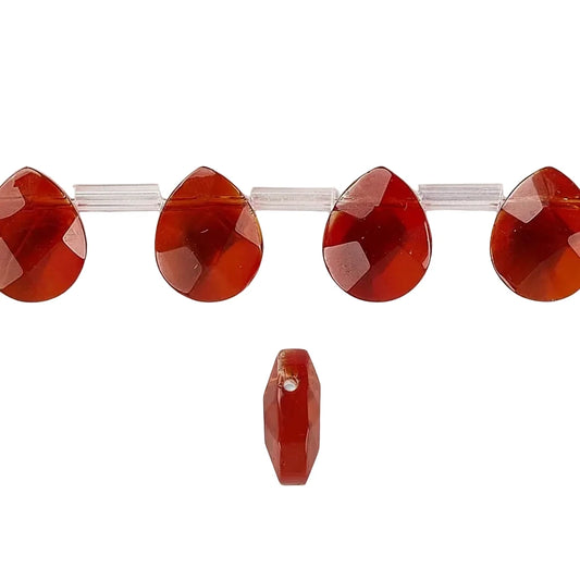 Faceted red agate beads shown on a clear string, with one bead displayed separately below on a plain white background.