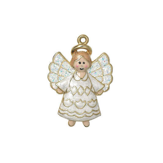 An angel-shaped jewelry charm with a gold-tone metal body, featuring a white textured dress, glittery wings, and a gold halo, shown on a plain white background.