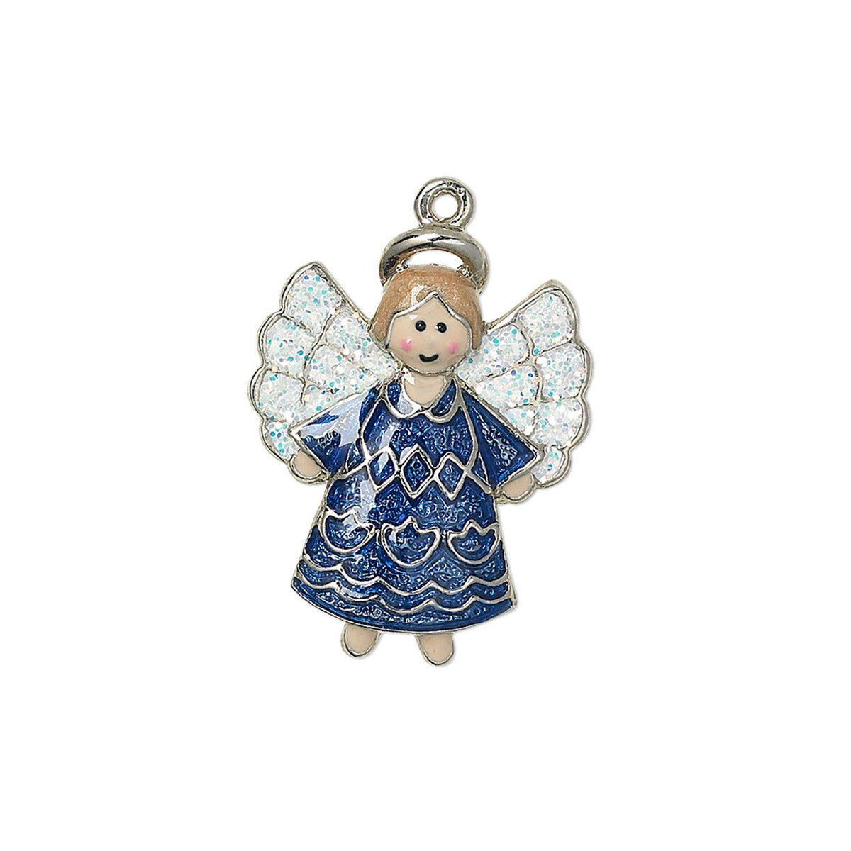 An angel-shaped jewelry charm featuring a blue patterned dress, silver halo and wings, and a small hanging loop at the top, shown on a plain white background.