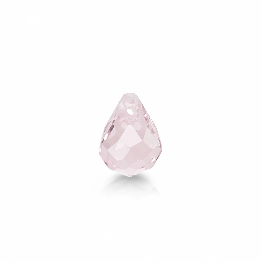 A single faceted teardrop-shaped light pink gemstone bead or charm, centered on a clean white background with a soft reflection below.
