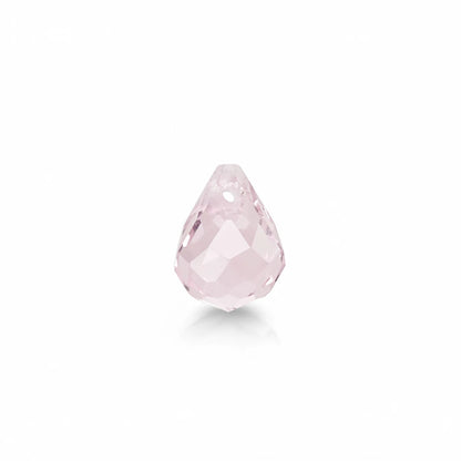 A single faceted teardrop-shaped light pink gemstone bead or charm, centered on a clean white background with a soft reflection below.