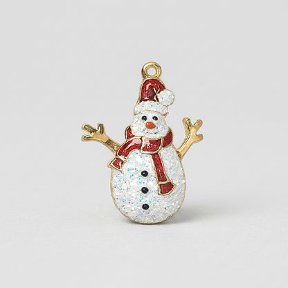 24Kt Gold Plated Pewter Snowman with Santa Hat Charm, 22.5x19mm, Enamel & Glitter