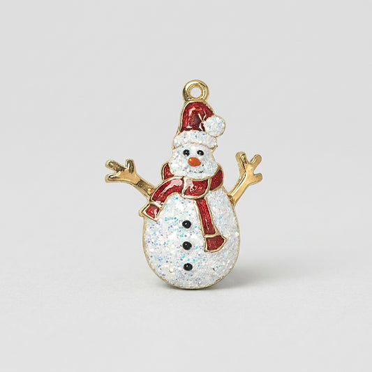 24Kt Gold Plated Pewter Snowman with Santa Hat Charm, 22.5x19mm, Enamel & Glitter