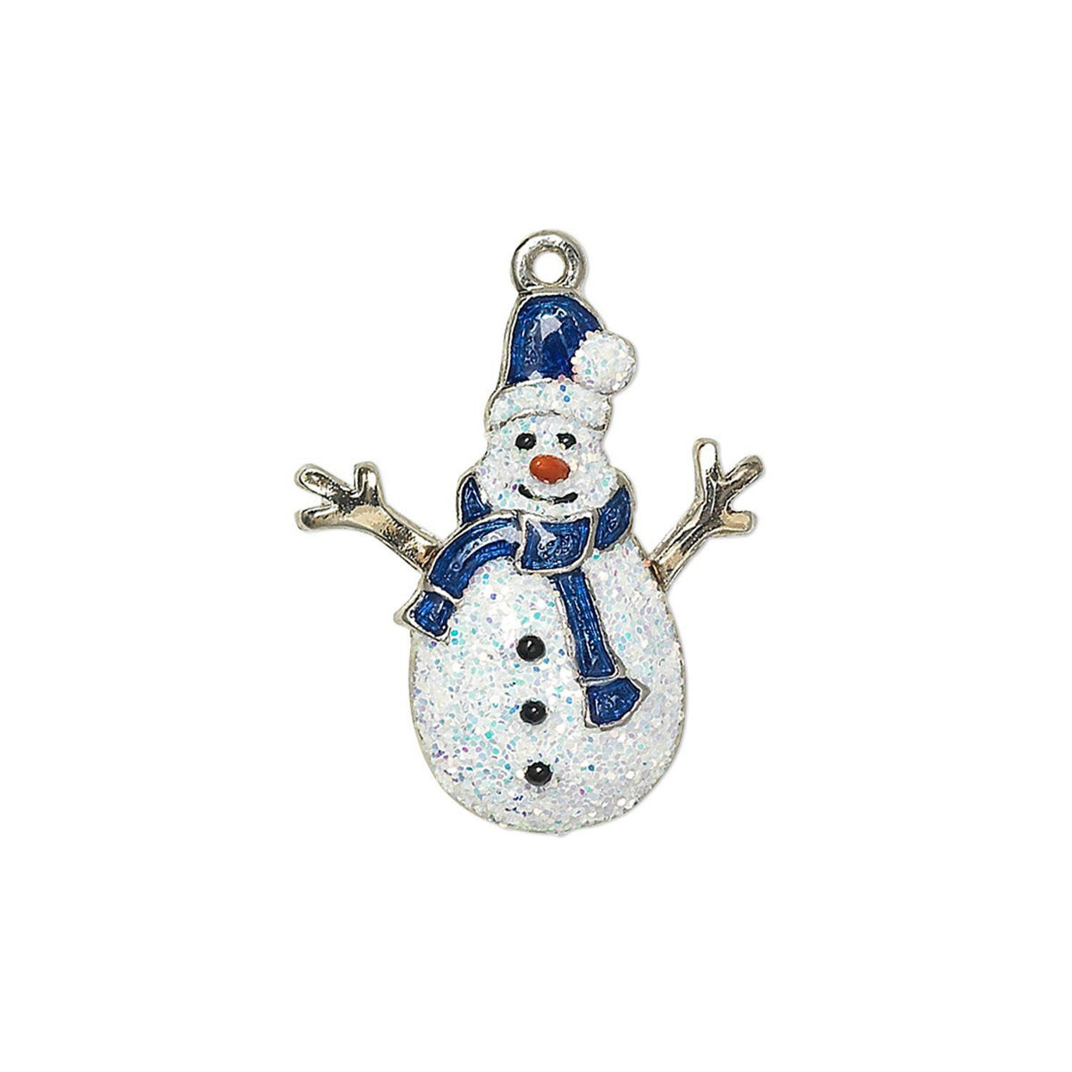A snowman charm with a glittery white body, blue hat and scarf, and twig arms on a plain white background.