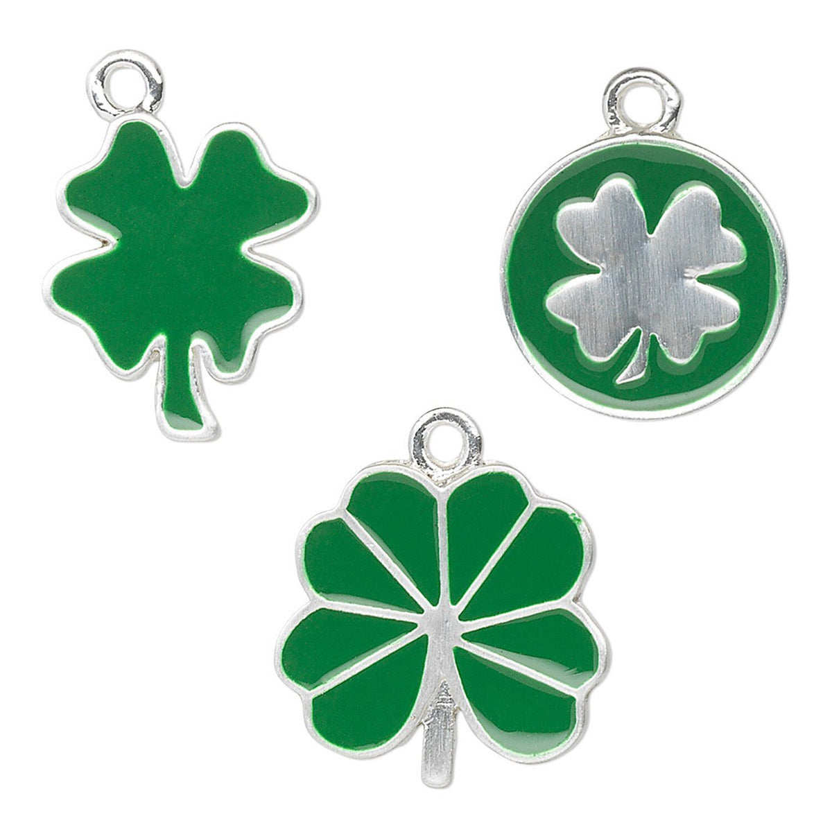 Three green shamrock-shaped charms with silver metal borders and loops, shown on a plain white background.