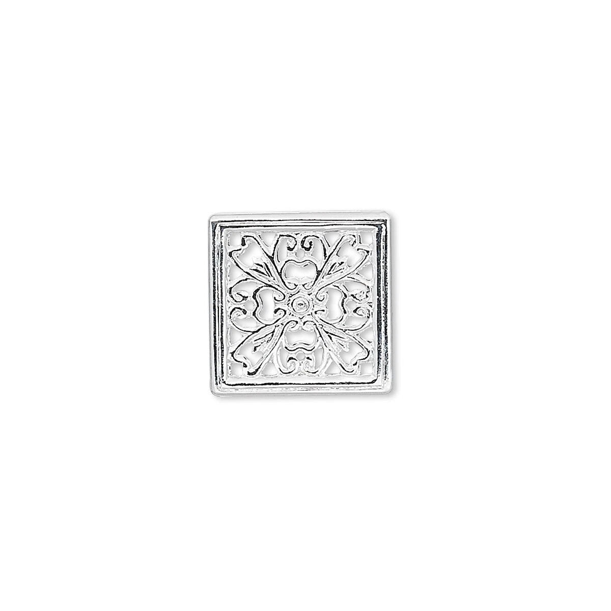 A square silver-toned metal charm featuring an embossed floral or scrollwork pattern, centered on a plain white background.