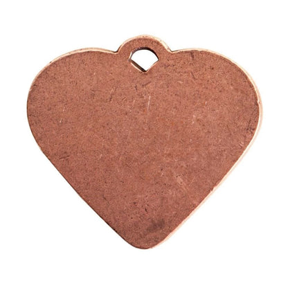 A blank, unfinished heart-shaped metal tag or pendant in a warm copper/bronze finish, featuring a small loop at the top, shown on a solid white background.