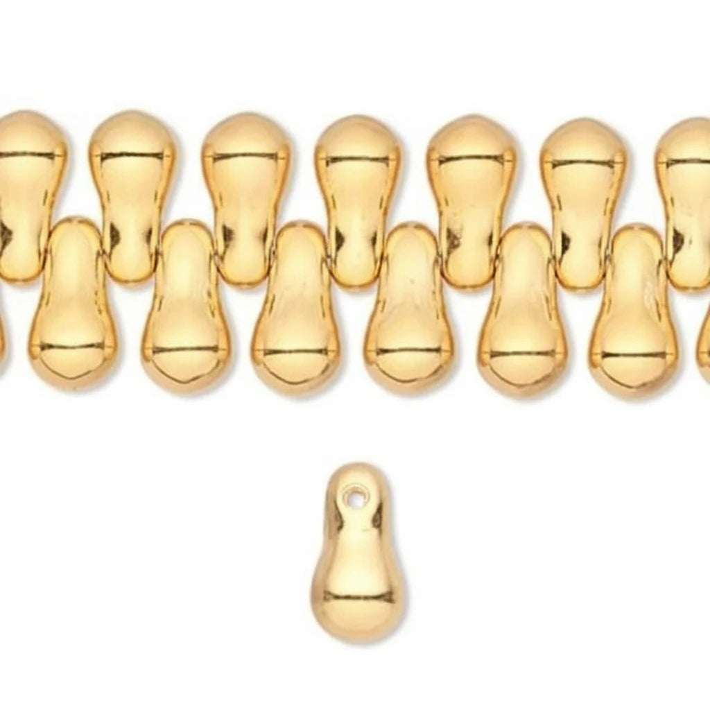 Gold teardrop-shaped bead charms shown in a row with one single charm displayed below on a plain white background.
