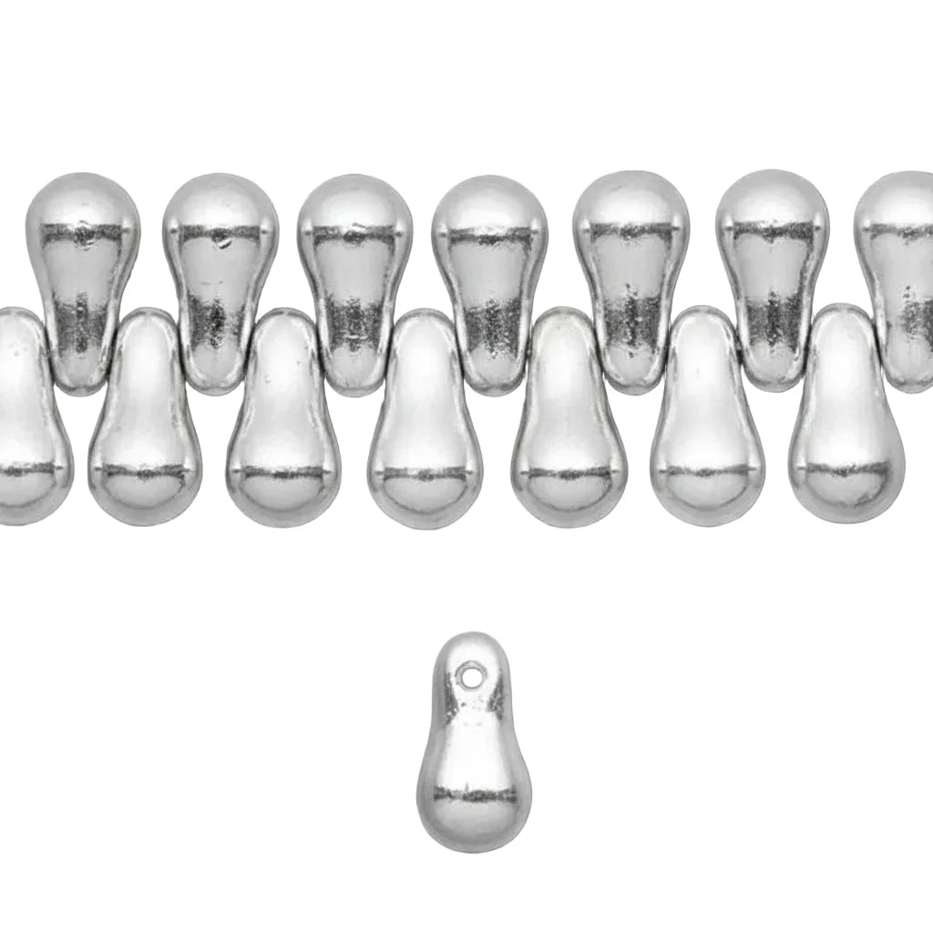 A set of silver teardrop-shaped pendant charms arranged in two rows on a solid gray background, with one charm shown individually below.