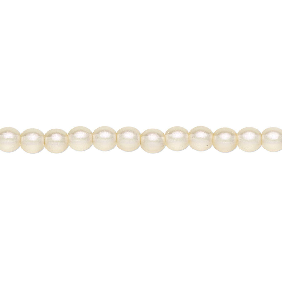 A strand of round, cream-colored  pearls strung horizontally on a plain white background.
