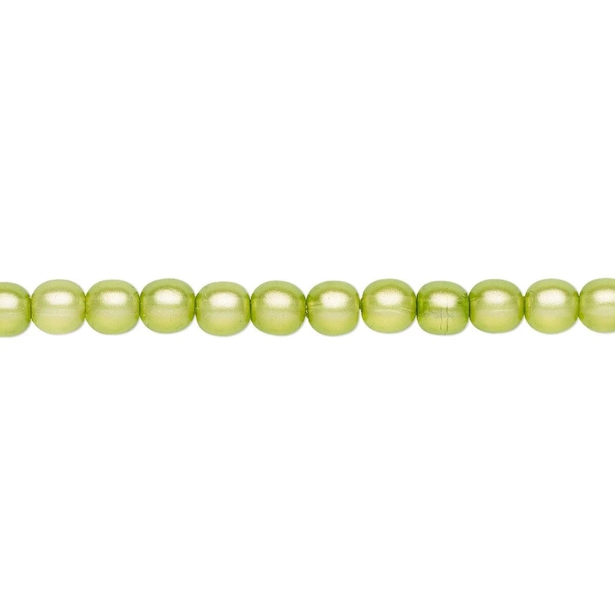 A single strand of small, round, light green beads aligned horizontally on a plain white background.