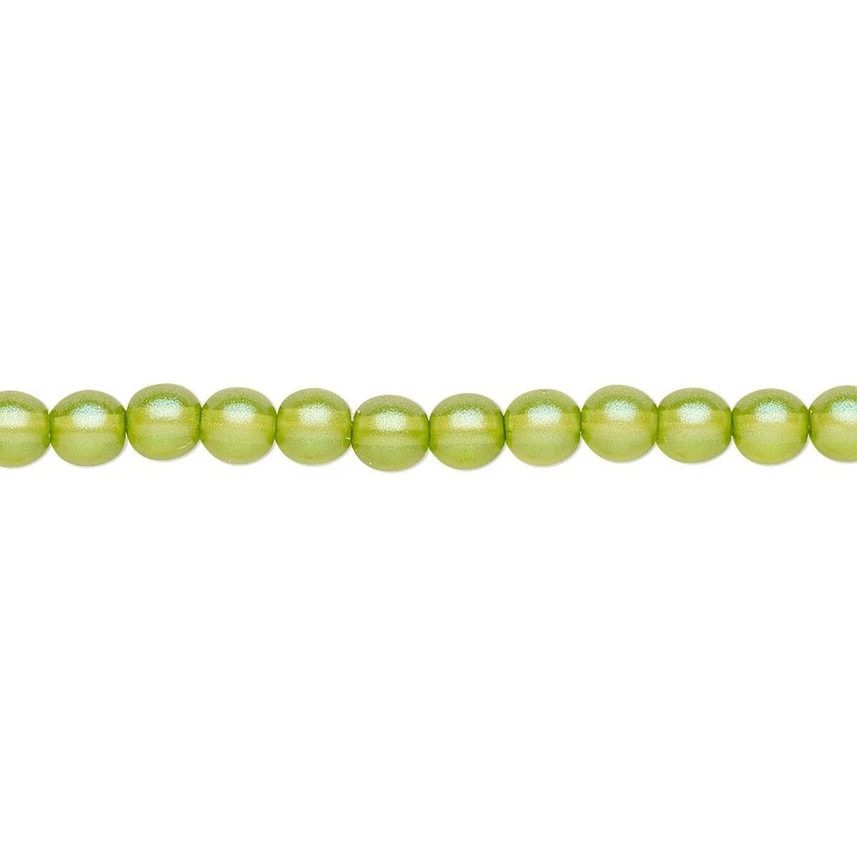 A strand of round, glossy beads in a light olive green color, laid horizontally against a plain white background.