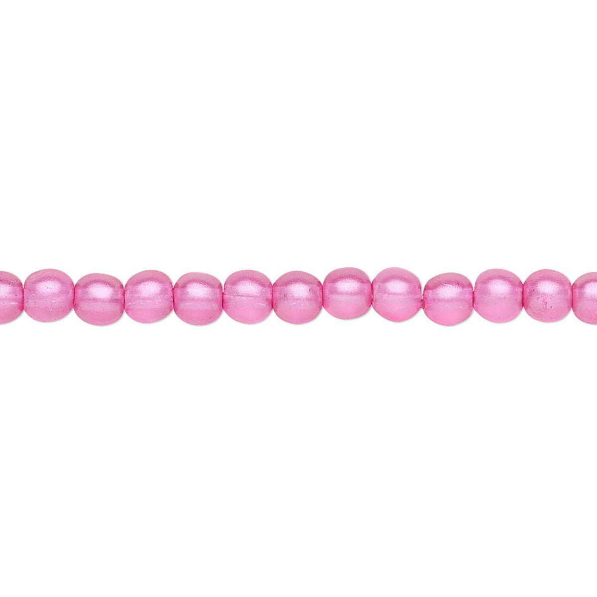 A single strand of shiny pink round beads aligned horizontally on a plain white background.