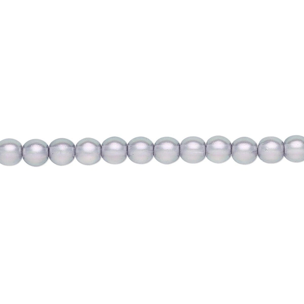 A single strand of round, lustrous pearl-like beads in a pale lavender-gray color, shown horizontally against a plain white background.
