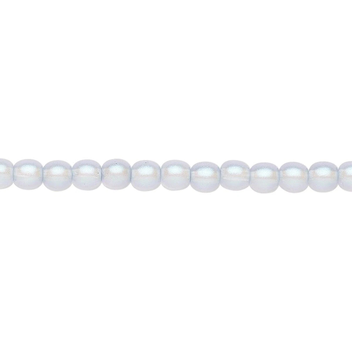 A strand of white faux pearl beads with a glossy, lustrous finish, arranged horizontally against a solid white background.