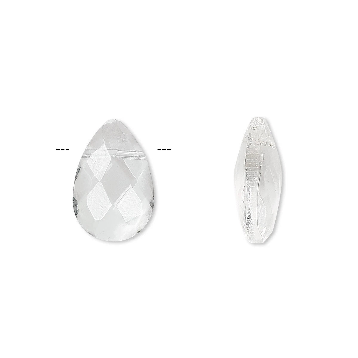 Two clear faceted teardrop-shaped glass beads shown on a plain white background, one from the front and one from the side.