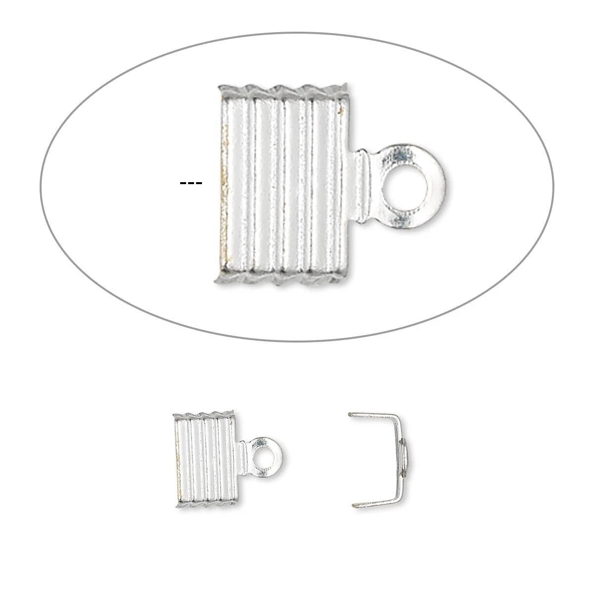 Silver metal jewelry findings, specifically a rectangular clasp with a loop and a separate hook piece, shown on a white background with a magnified inset view at the top.