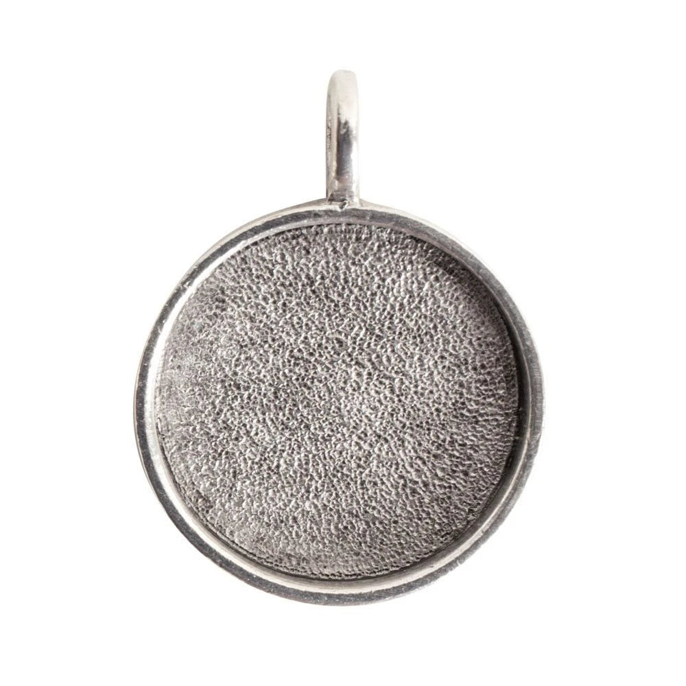 A round silver pendant with a textured, pebbled metallic surface and a small top loop, shown against a plain white background.