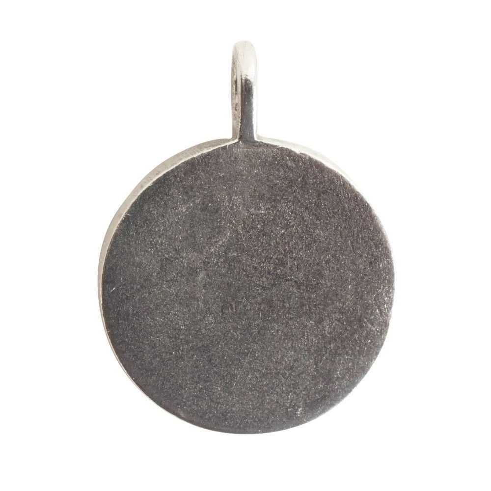 A round, flat silver pendant with a textured, hammered finish and a small integrated loop at the top, shown on a plain white background.