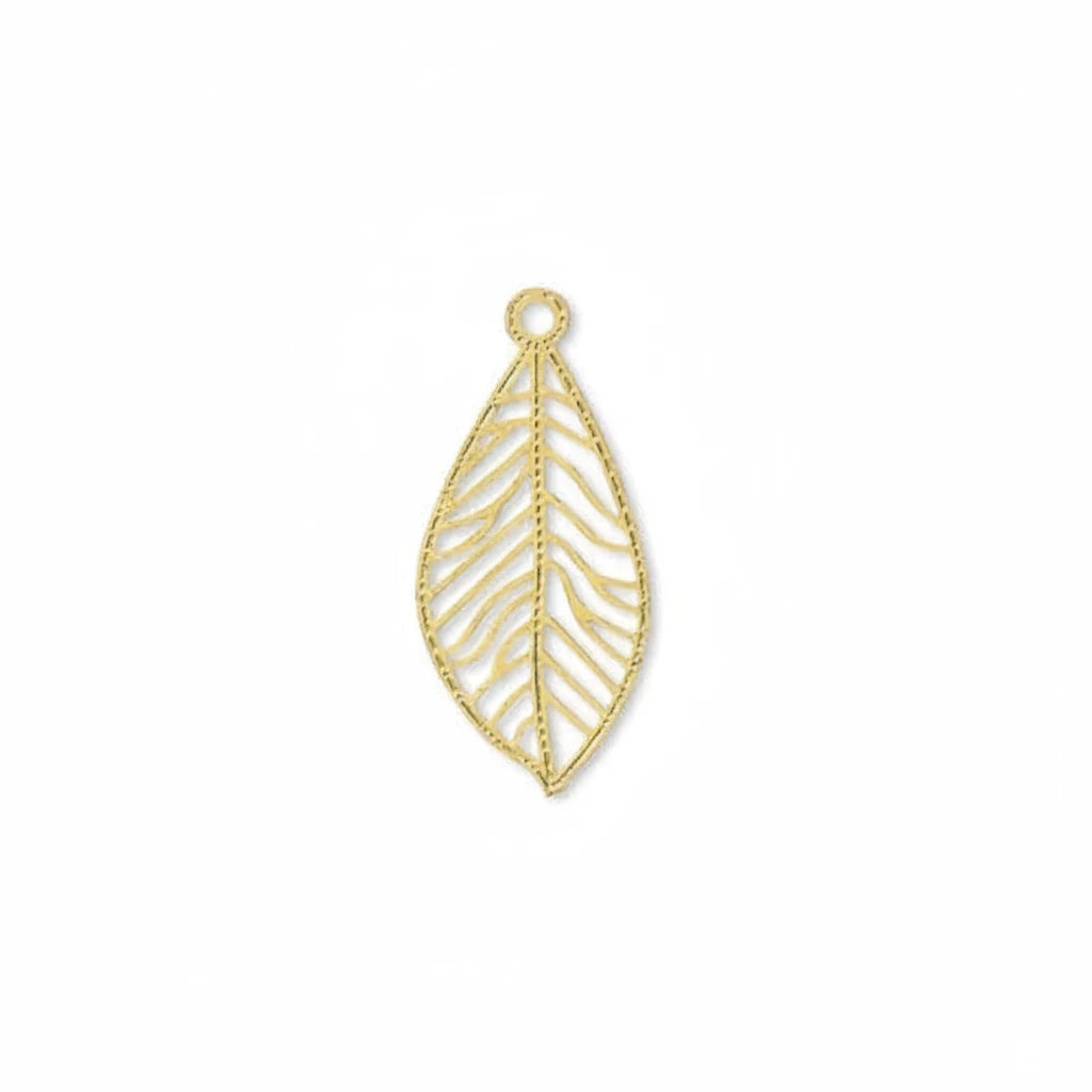 A single gold leaf-shaped pendant or charm with an openwork leaf design and a small loop at the top, shown on a plain white background.