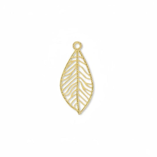 A single gold leaf-shaped pendant or charm with an openwork leaf design and a small loop at the top, shown on a plain white background.