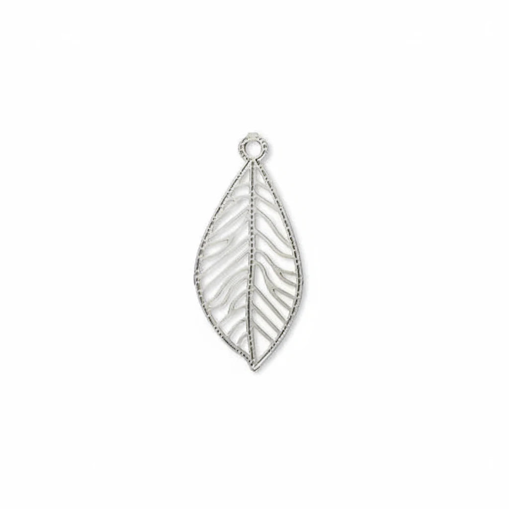 A silver-toned leaf-shaped jewelry charm with an openwork design and a small loop at the top, shown on a plain white background.