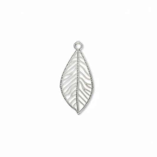 A silver-toned leaf-shaped jewelry charm with an openwork design and a small loop at the top, shown on a plain white background.