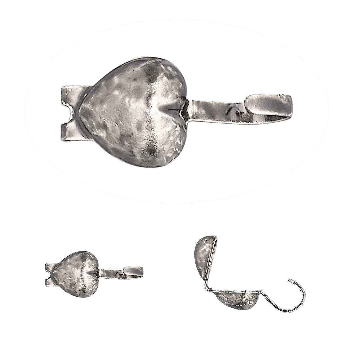 A silver-toned metal heart-shaped mouth gag with a textured, hammered finish, shown in three views: a close-up of the main heart, a side profile, and an open view showing the hook end.
