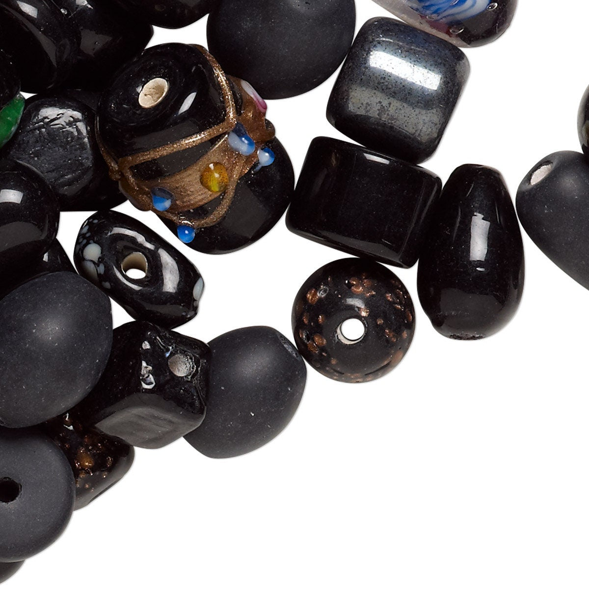 Lampworked Glass Bead Mix: Fancy Ebony Jet Black, Assorted Shapes (100g, ~60-100 pc)